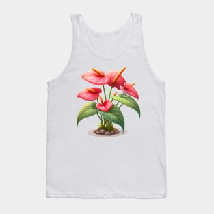 Flamingo Flower, Red Anthurium - Cartoon Houseplant Painting Tank Top